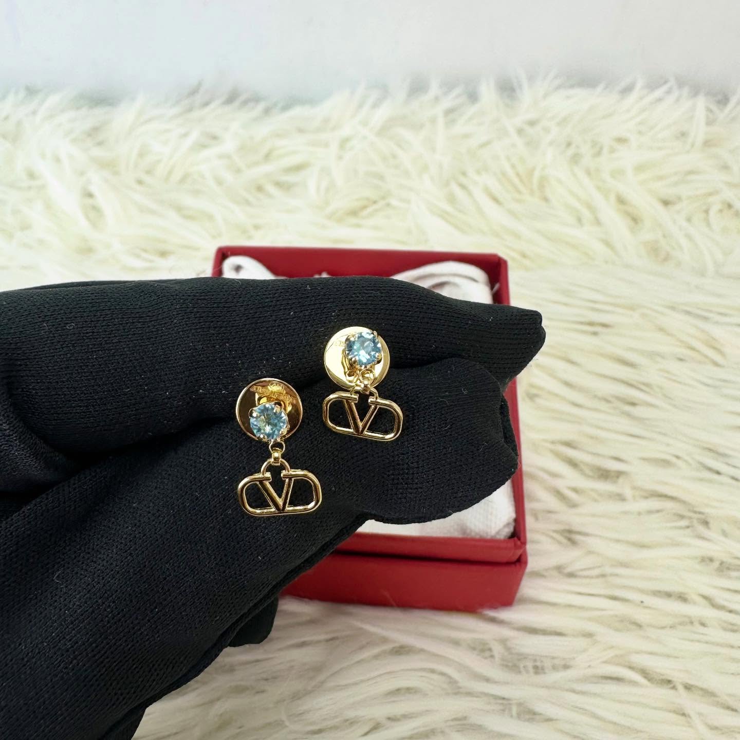 VALENTINO 🤍PRE OWNED GARAVANI Signature 藍金色耳環 全套有盒🩵