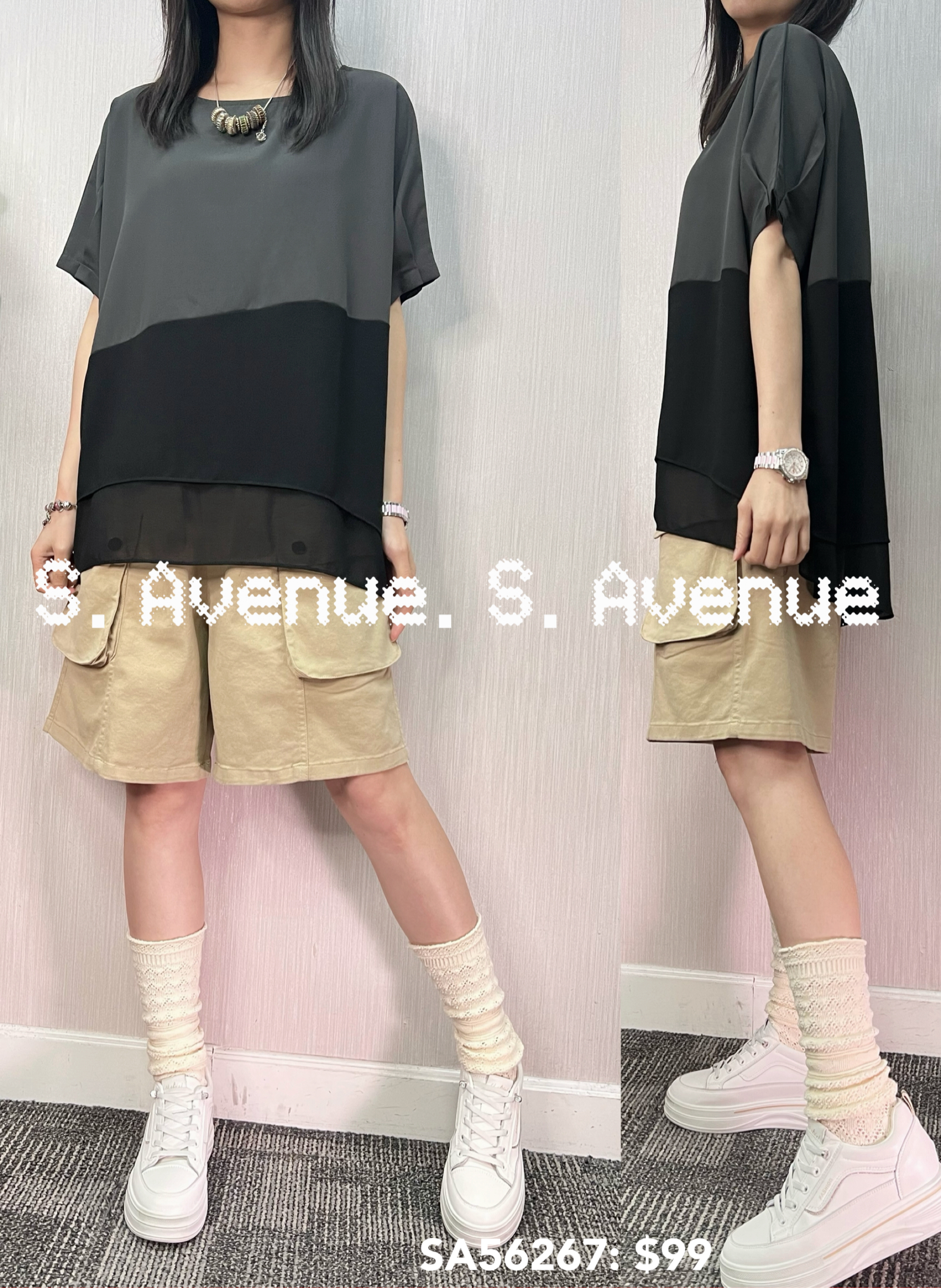 SA56267: 短袖袖有撍拼布兩層雪紡top