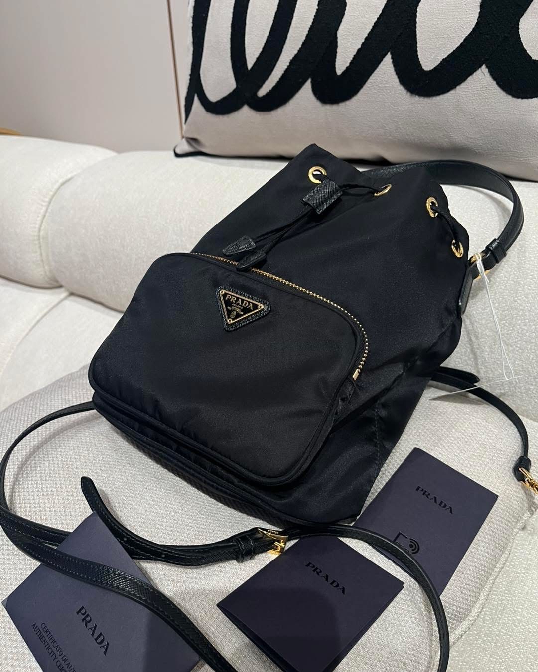 PRADA Duet Re-Nylon Bucket Bag Black,100%Authentic,95%new ✅card✅dust bag