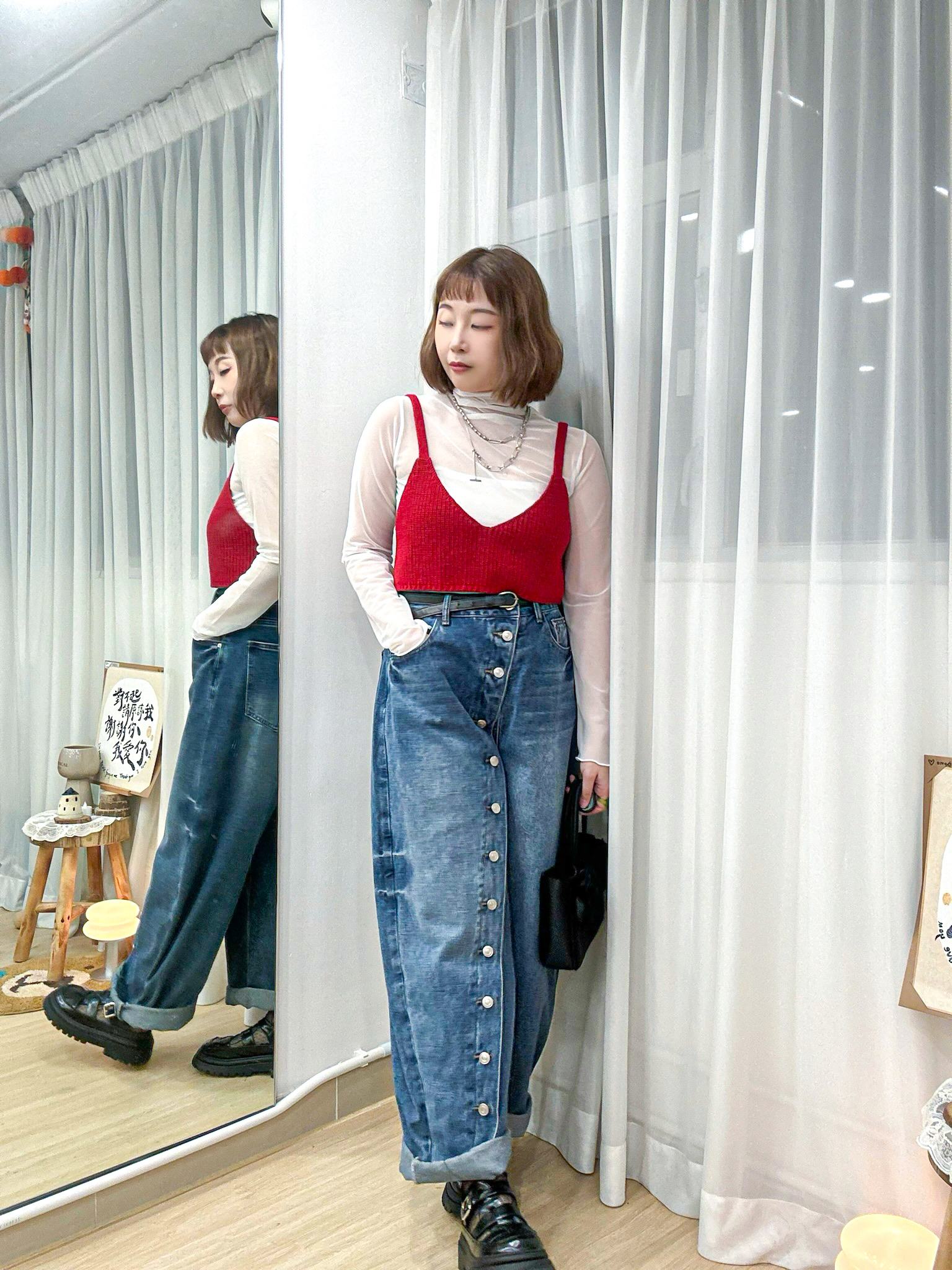 【WK推介】韓系街頭個性風～斜排扣立體感繭型牛仔褲 MU0002 - 藍色 Denim Blue
