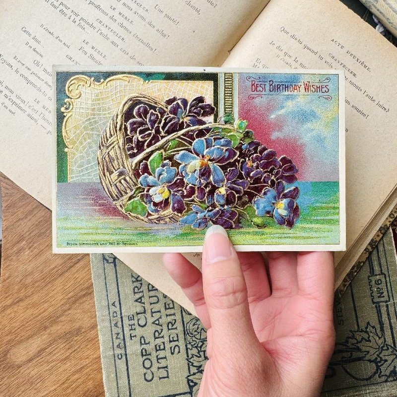 Antique 1912 Best Birthday Wishes Iris Basket Postcard - Embossed and with Golden Outline (MT2305-6)