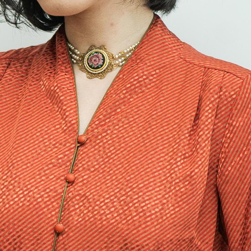 Vintage Japanese Tokyo Style Retro Orange Striped Pattern Structural Bodice Dress (MT1840-40)