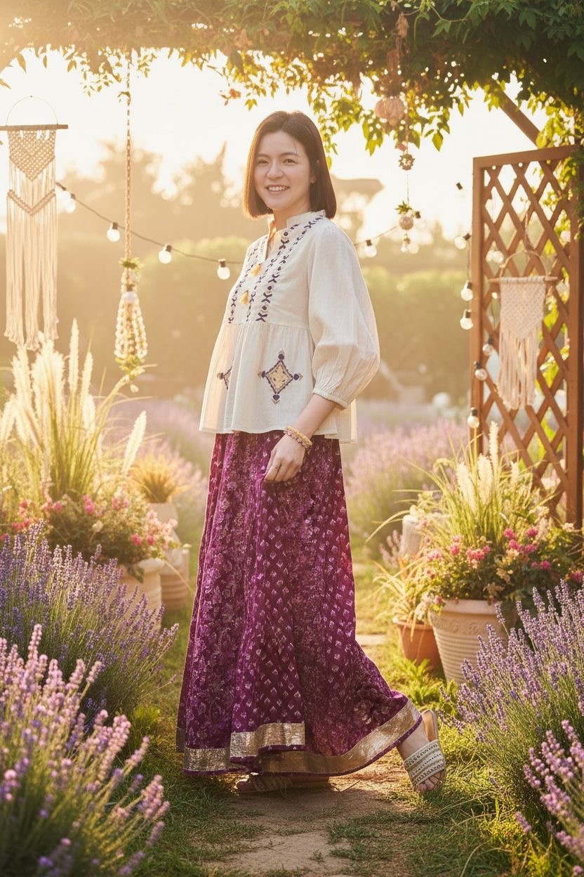1972 Purple with Golden Edge 12-Cloth Patchwork Skirt 39"