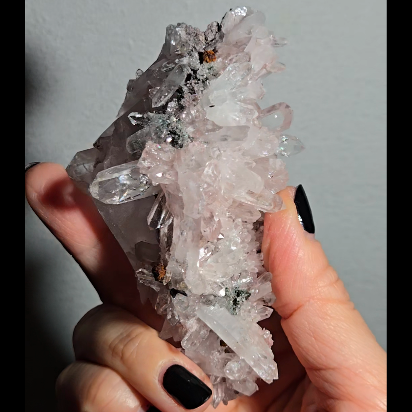Pink Lemurian quartz cluster with green chlorite inclusions - LQ191