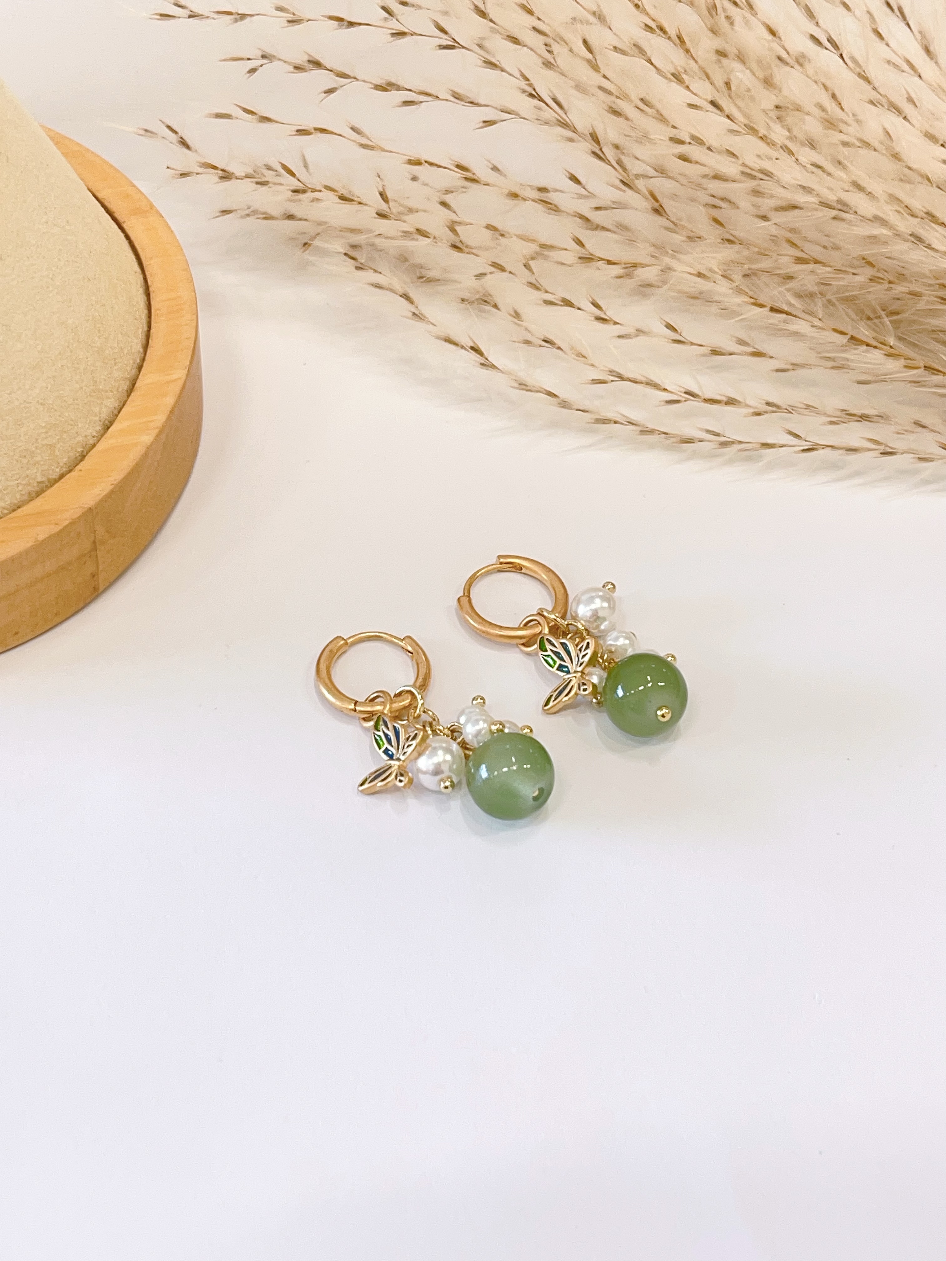 新中式蝴蝶珍珠玉珠耳环