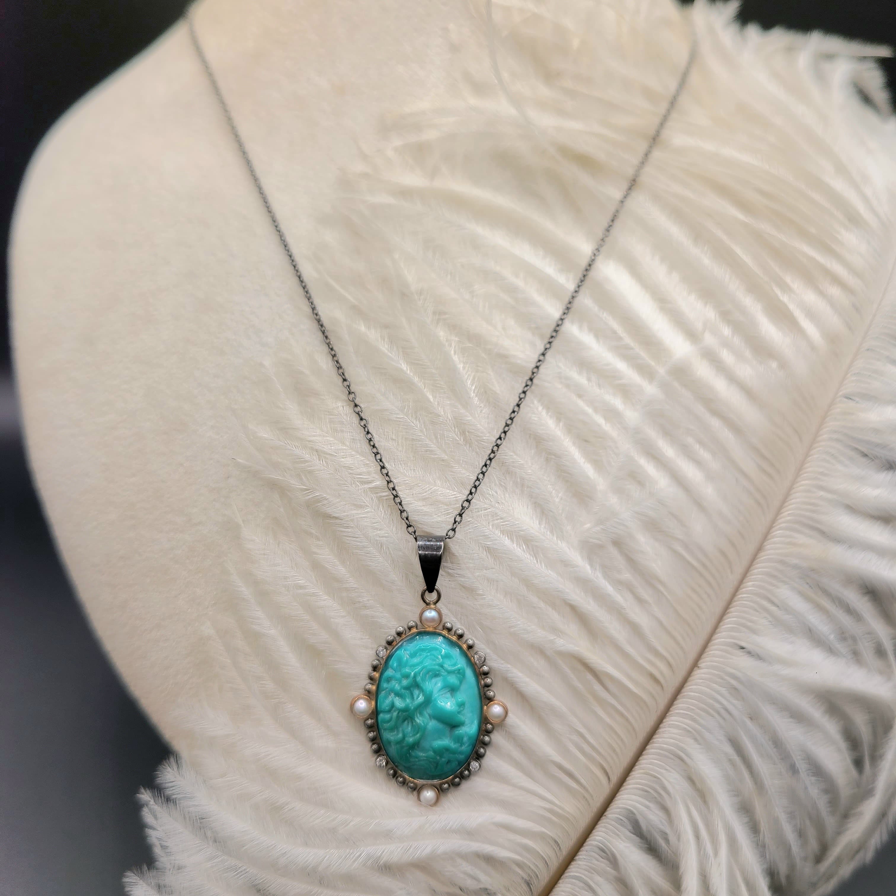 70年代綠松石浮雕鑽石珍珠9k金吊嘴配純銀頸鍊