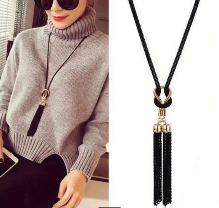 Elegant Long Tassel Necklace Gold and Black
