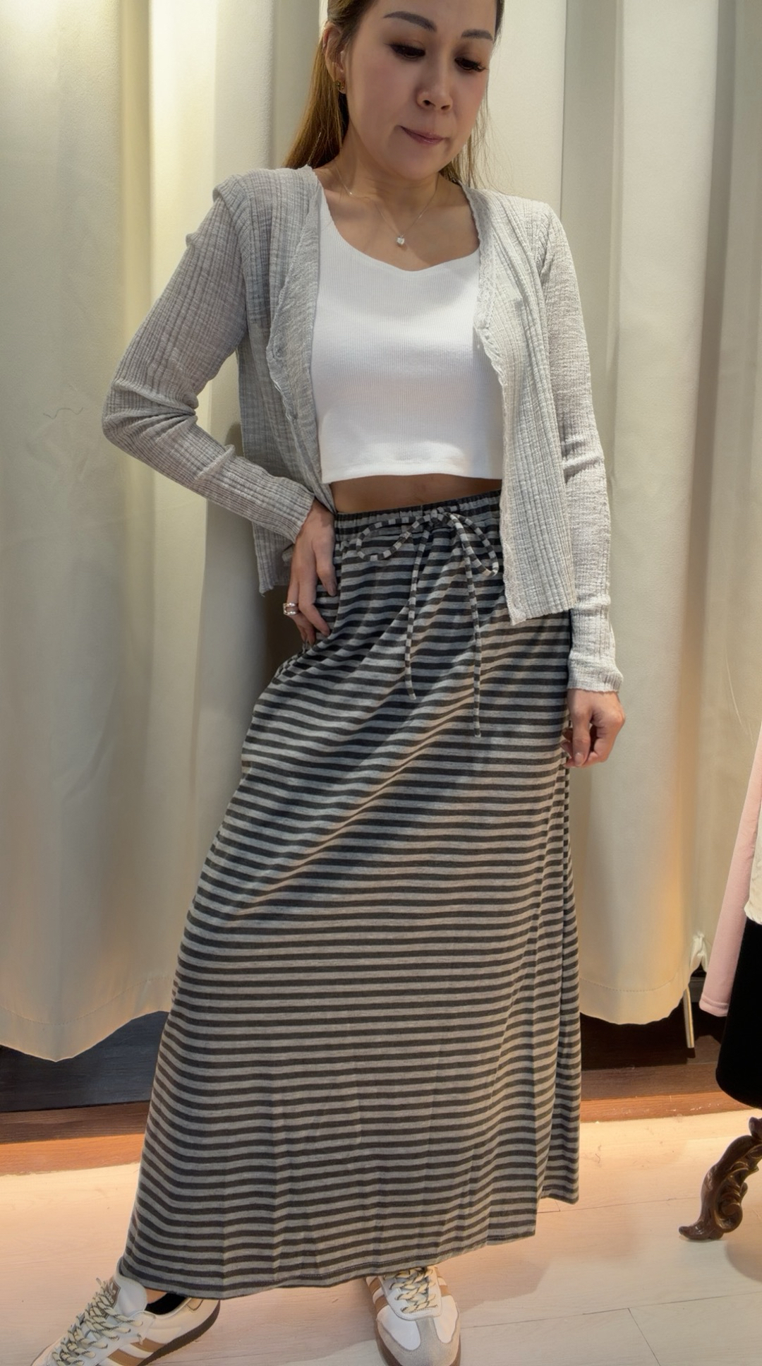 條紋抽繩棉質長裙