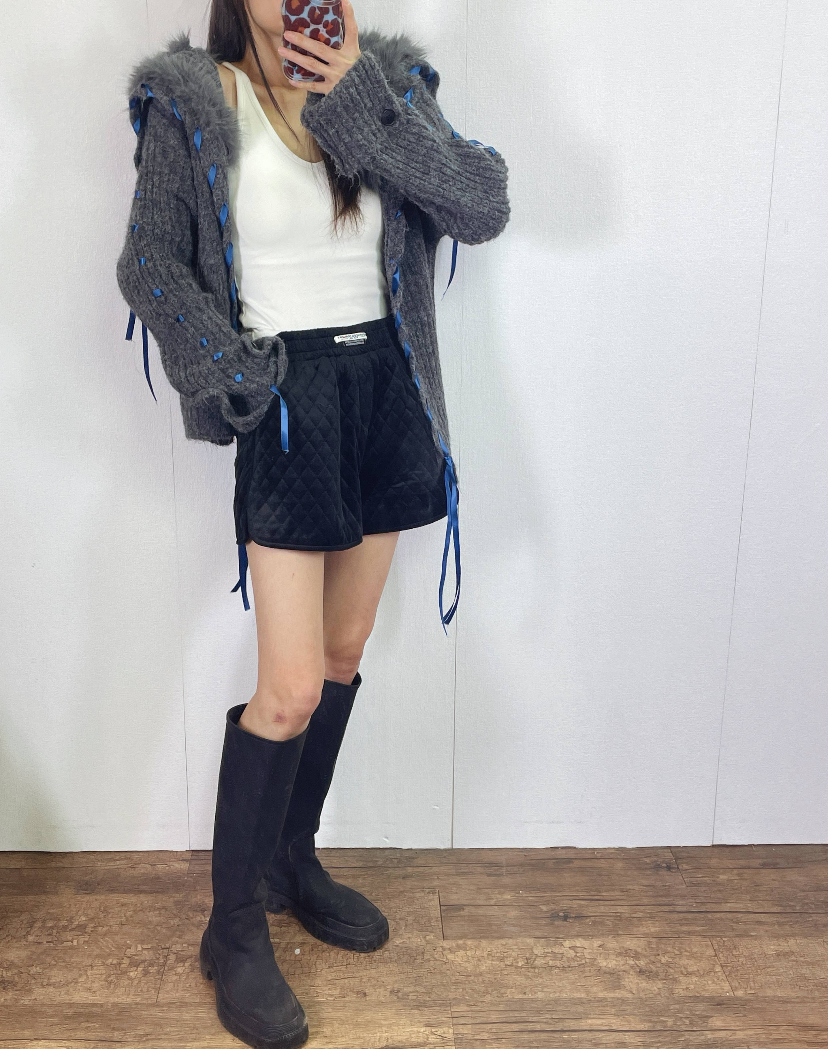 K5531 毛毛領拼絲帶針織外套