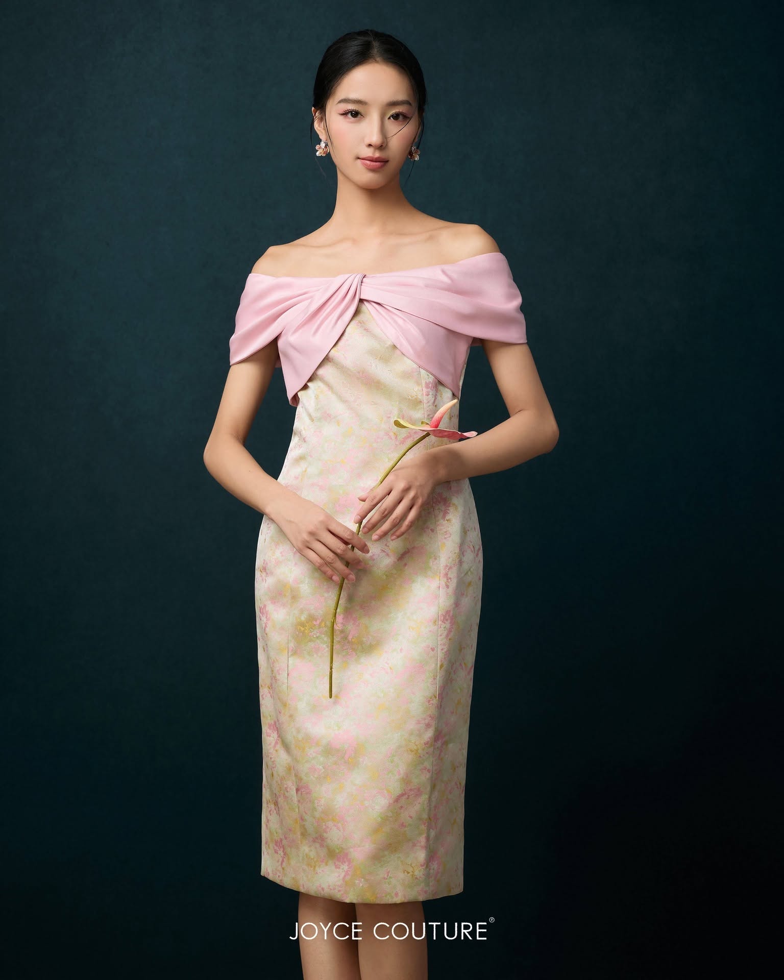 花卉锦缎中长连身裙 D0369