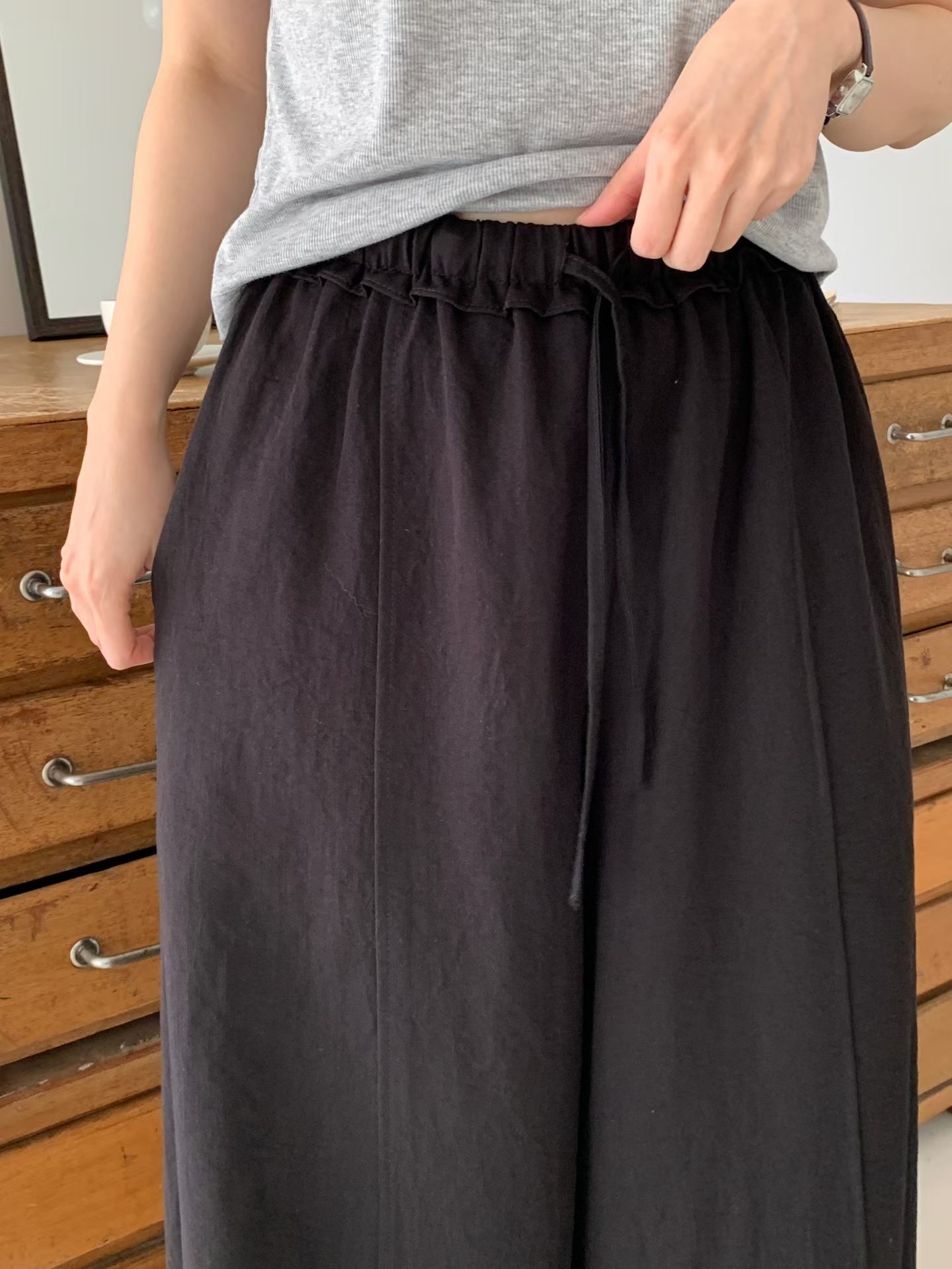 CT21 韓系抽繩鬆緊高腰闊腿褲