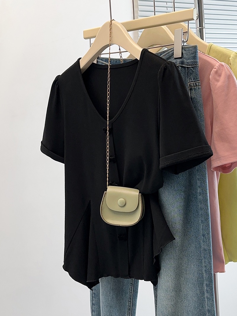 B225(36850) 韩系甜美风前排立体黑蝴蝶结腰边鱼尾3色上衣