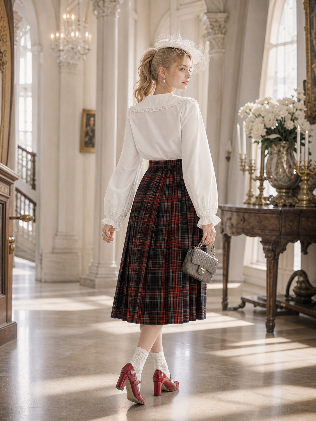 薔薇莊園的午茶時光 ∙ 紅綠小花刺繡蕾絲翻領襯衫 Afternoon Tea at the Rose Manor ∙ Red & Green Floral Embroidered Lace Collar Blouse