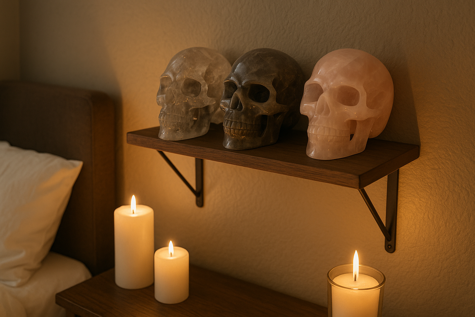 Crystal skulls on a wall hanging shelf in a bedroom with lit candles.