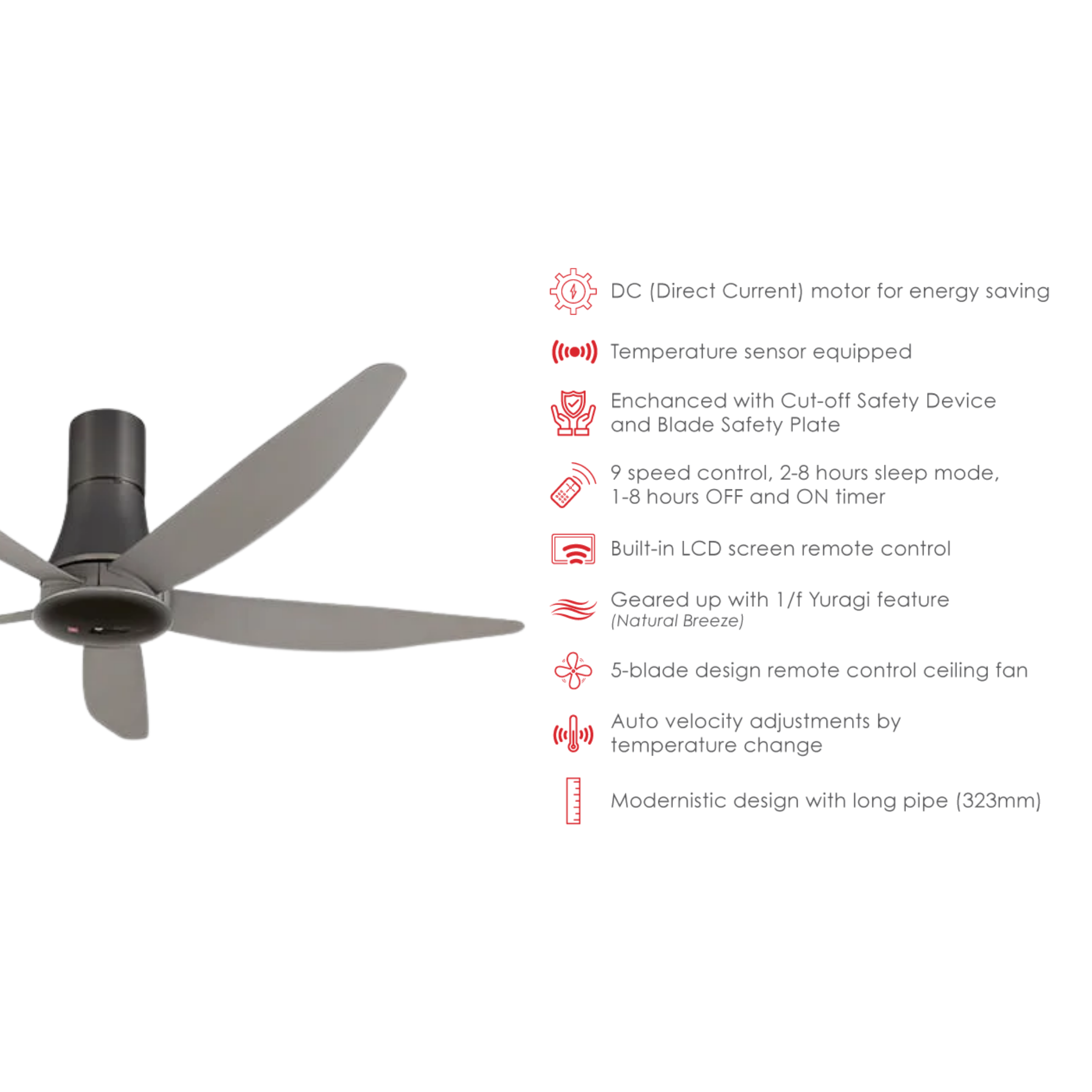 KDK 60" Sensa 5 Remote Ceiling Fan K15Z5-REY (Long Pipe)