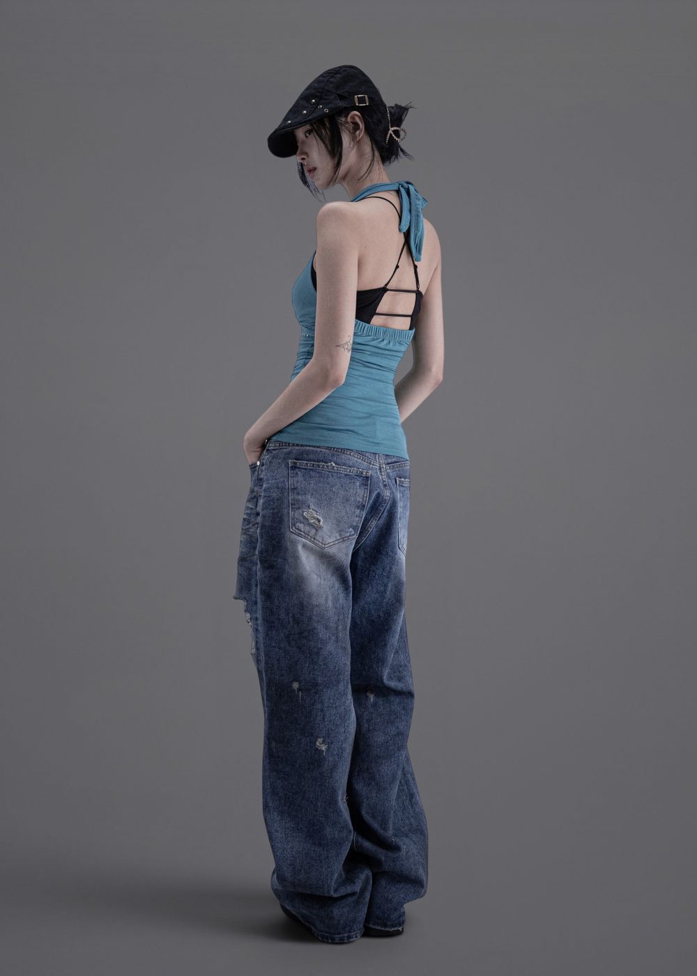 Studded Ruched Halterneck Top