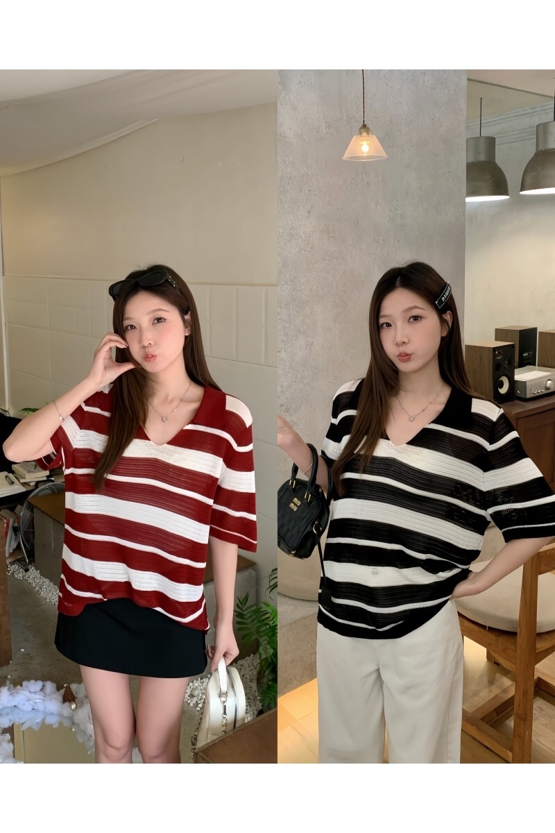 B56(68755) 韩版慵懒风撞色横条纹翻领钩花针织黑红上衣 