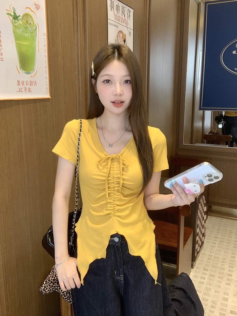 B331(35259) 韩版甜酷风前部V领束带褶皱下摆飘带开角3色上衣