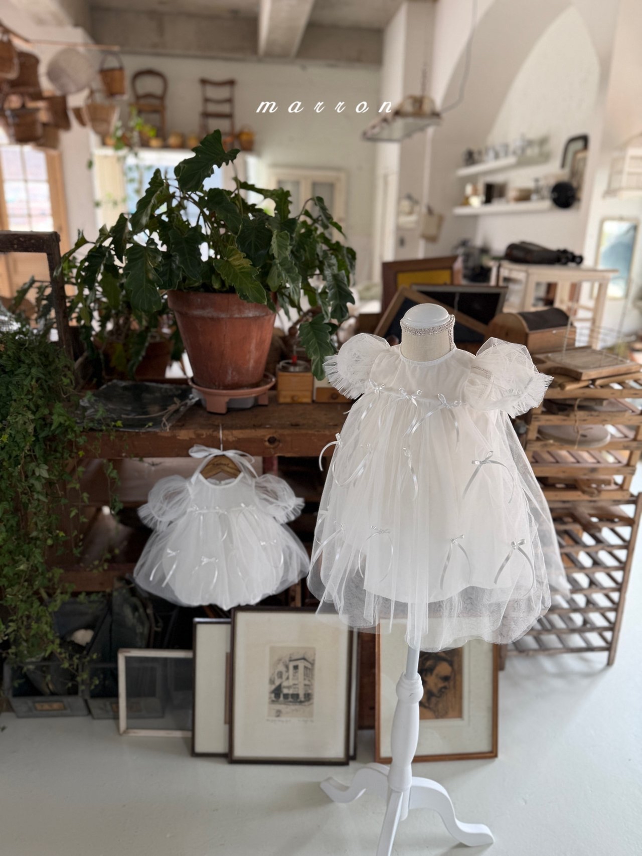 ☀️預訂 韓國直送☀️🇰🇷Marron兩色絲帶薄紗泡泡袖連身裙