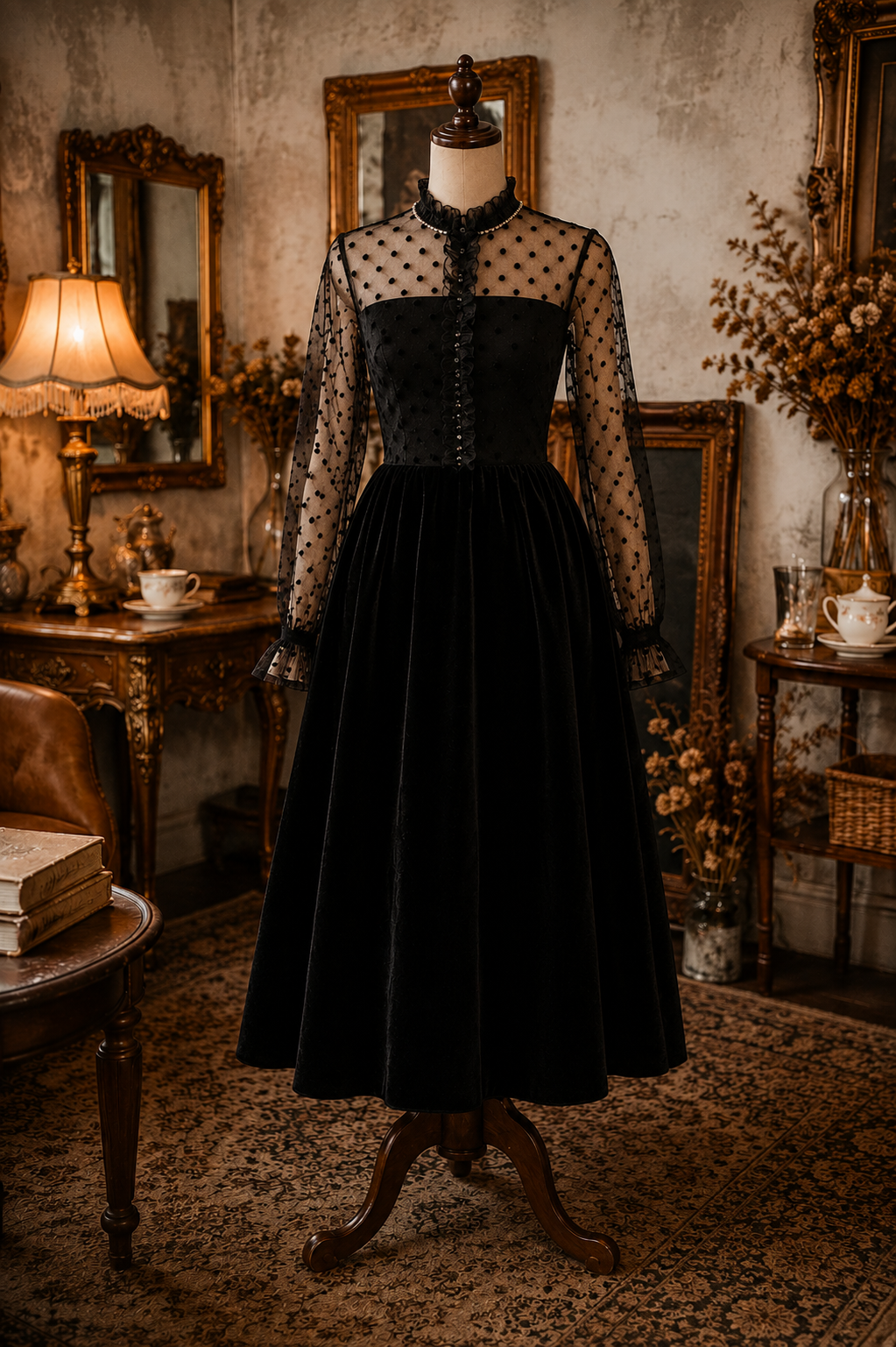 Vintage 1980s Gothic Style Polka Dot Lace x Velvet Evening Gown with Pockets (MT2571)