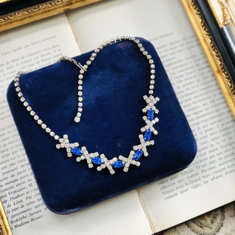 C.a. 1950s Cross Motif Sapphire Blue and Clear Rhinestone Cocktail Jewelry Set - Pierce Earrings and Necklace (MT1407)