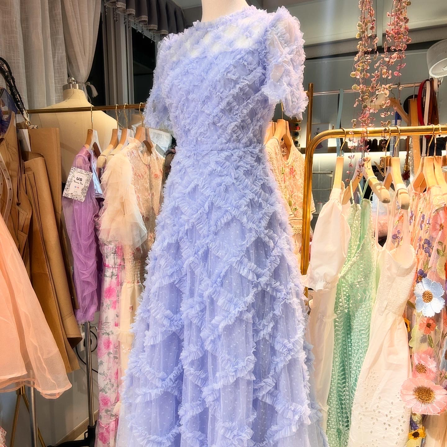 藍色褶邊洋裝長裙