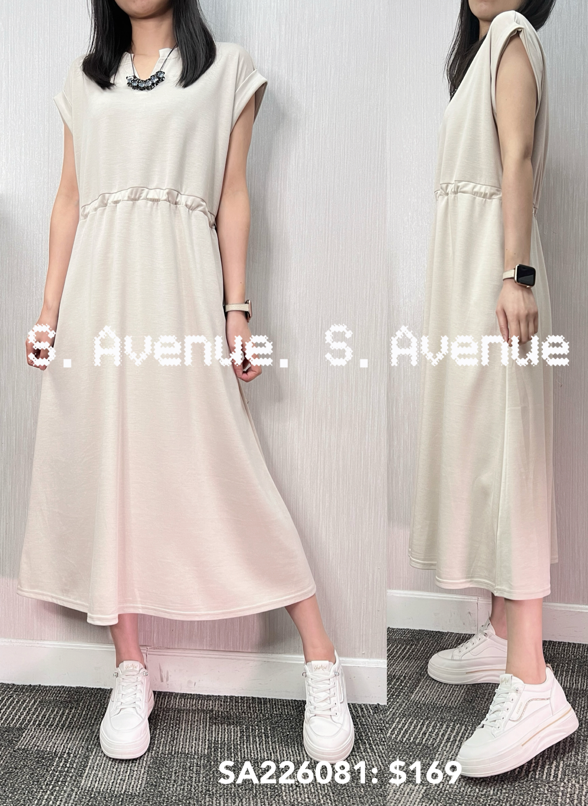 SA226081: 短袖V領束腰淨色op