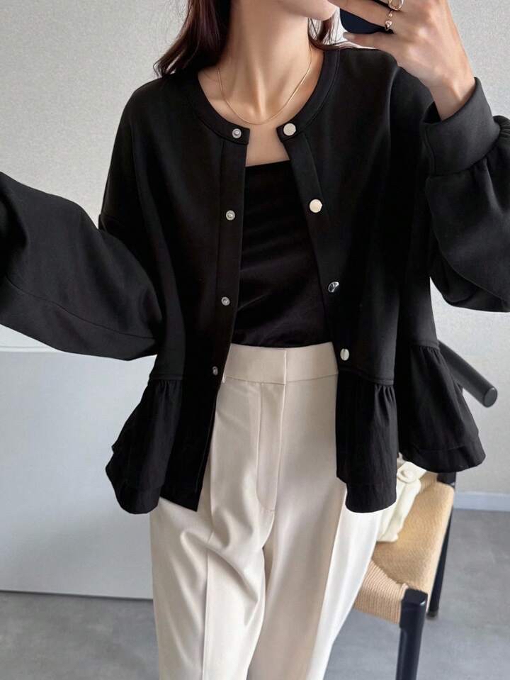 時尚荷葉邊鈕扣針織外套