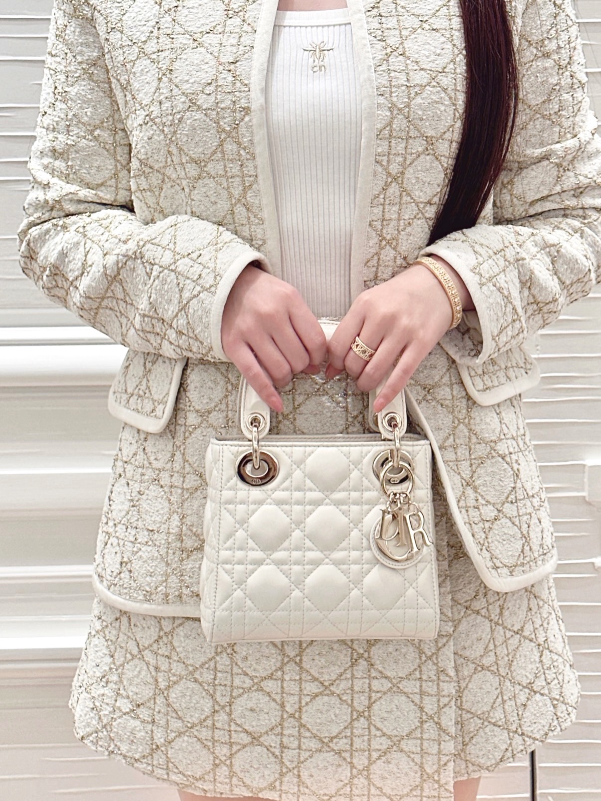 Dior👜 PRE OWNED 🛍️奶白色金扣Lady Dior Mini 🤍全套🤍