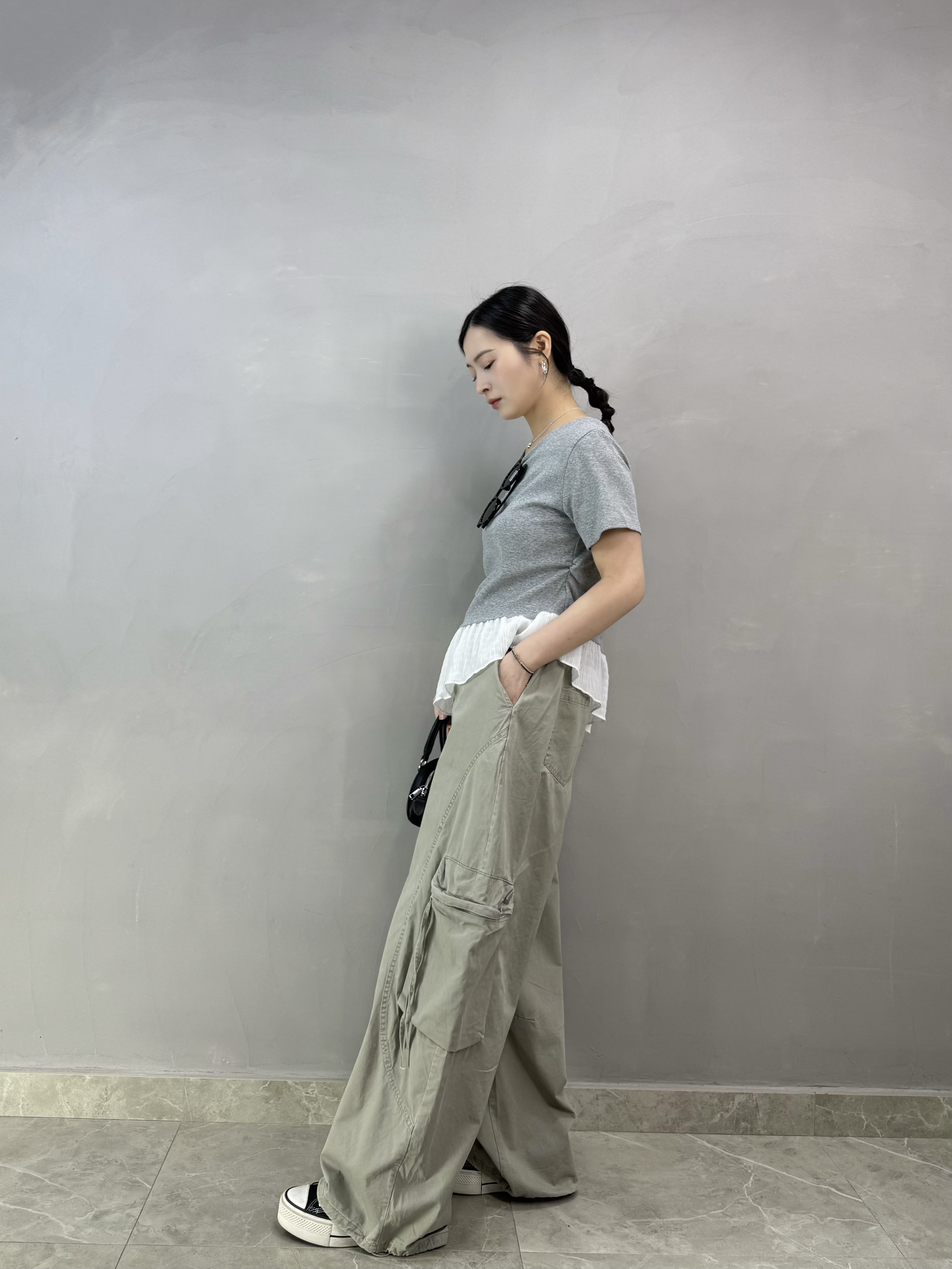 S76 棉質拼斜腳ruffle top