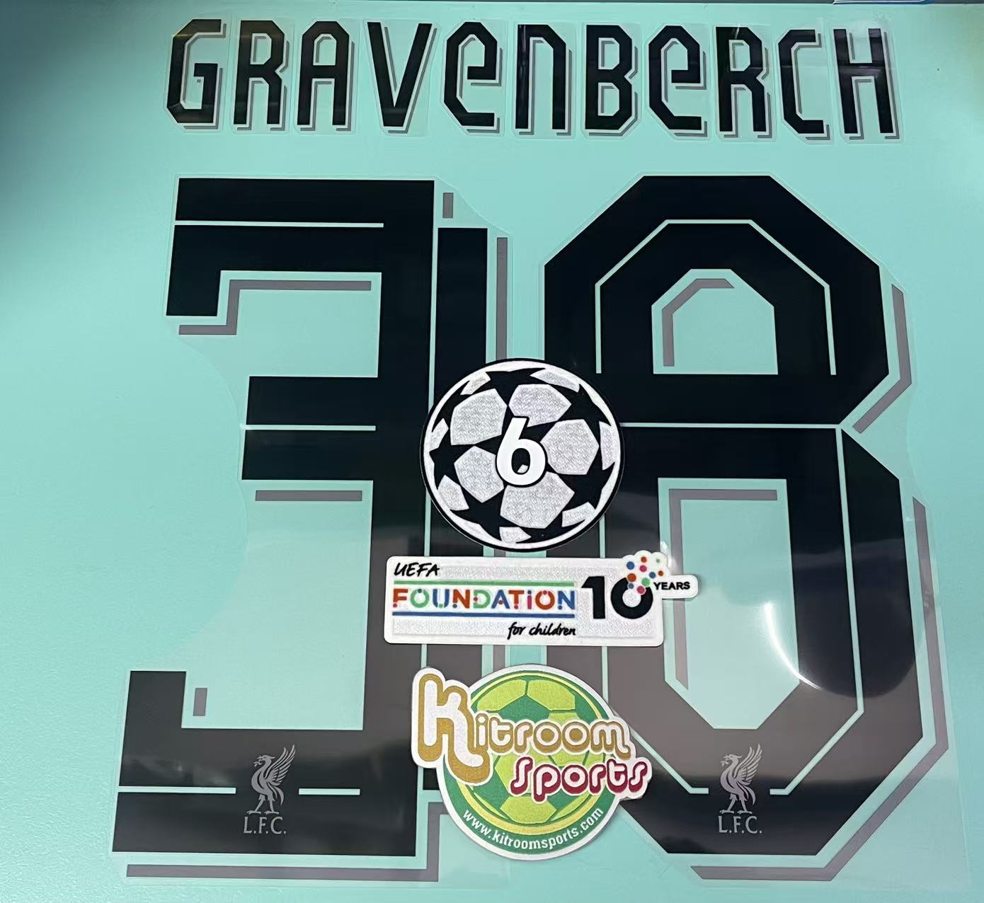 2025-26 Liverpool Away UCL Nameset #38 GRAVENBERCH + 6 UCL + Foundation Patch