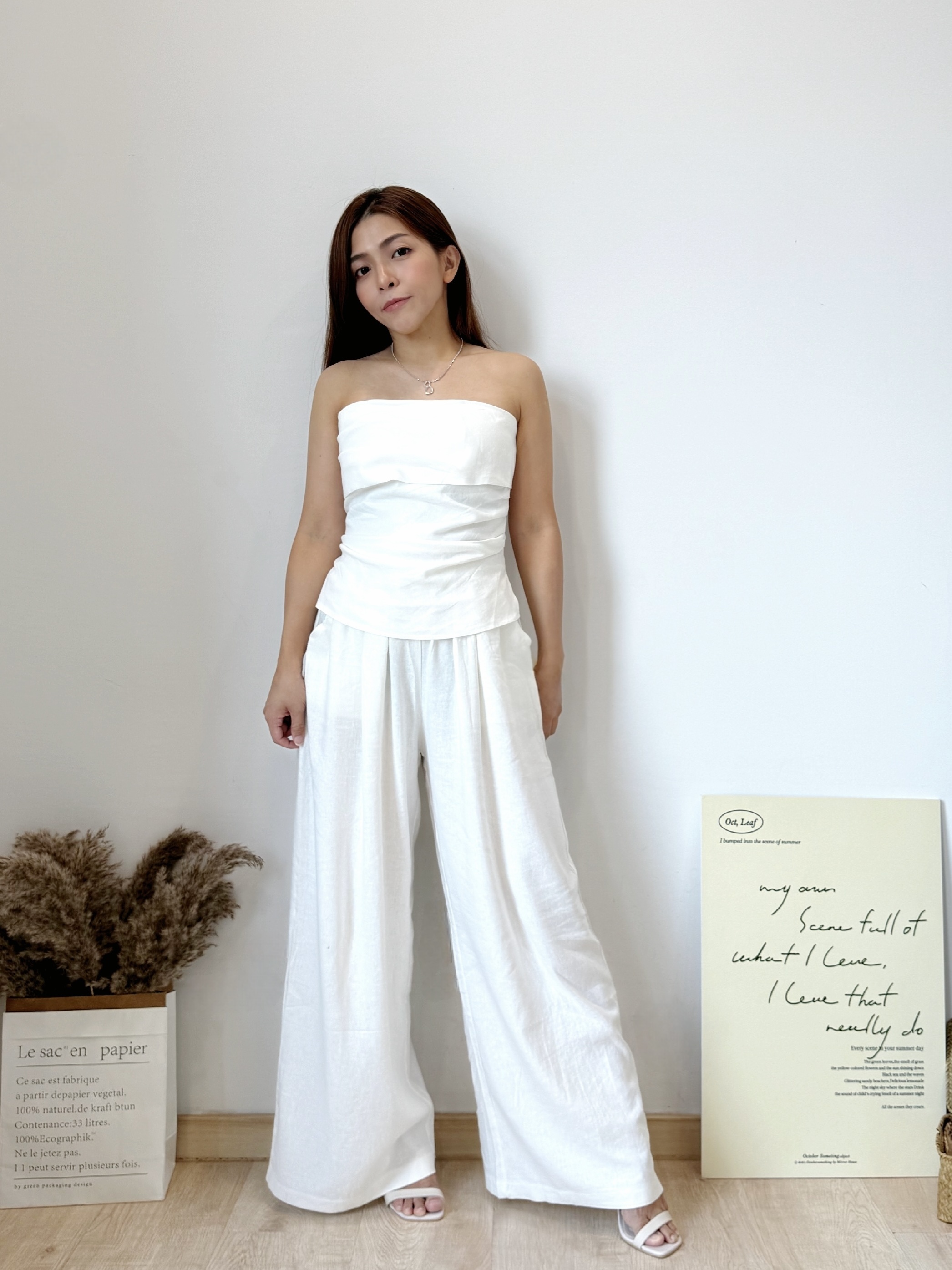 Luna Linen Tube Top +Trouser Sets 亚麻抹胸上衣 + 直筒阔腿裤两件套( 2 colours )
