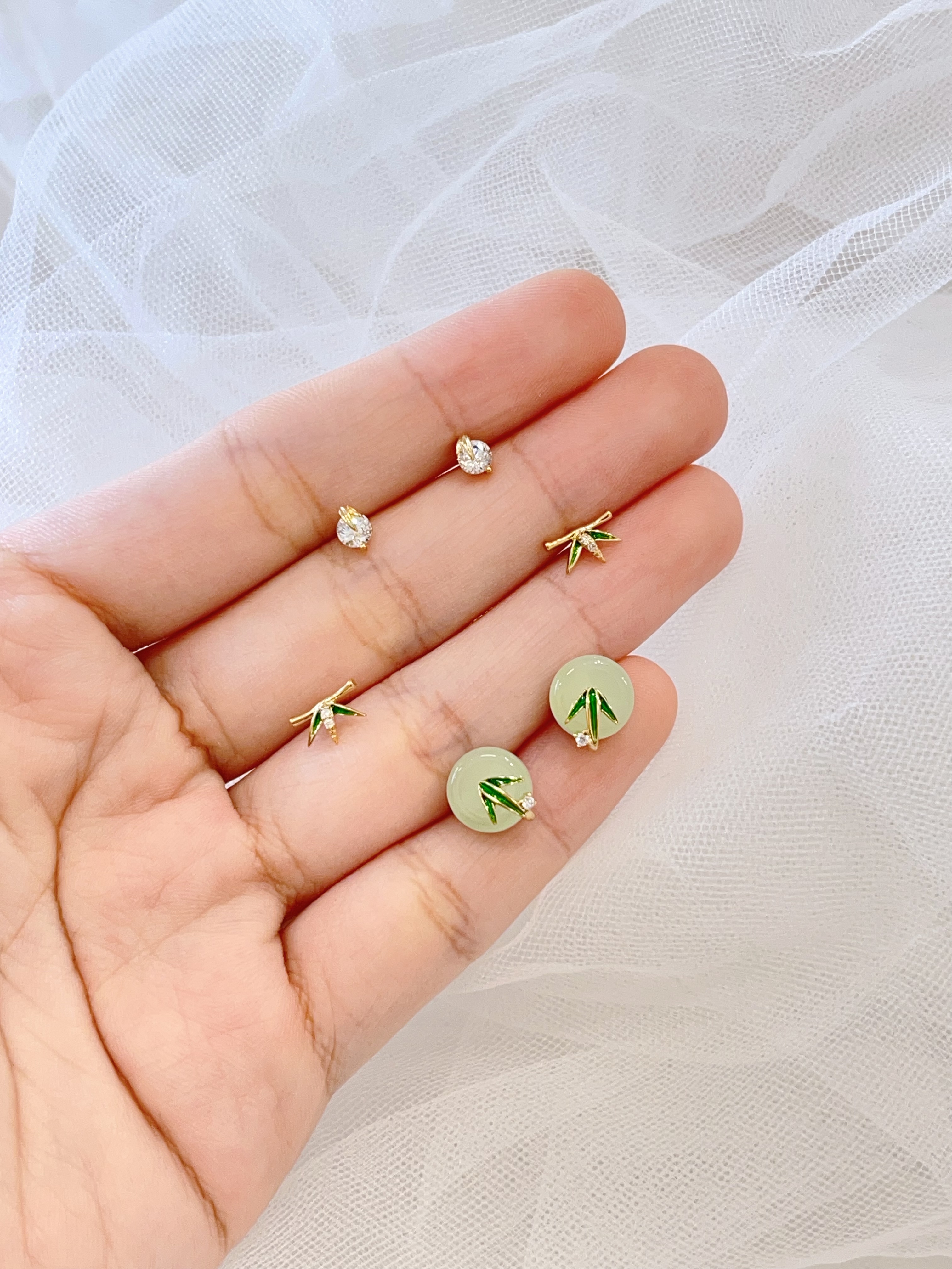 新中式绿竹子耳环套装