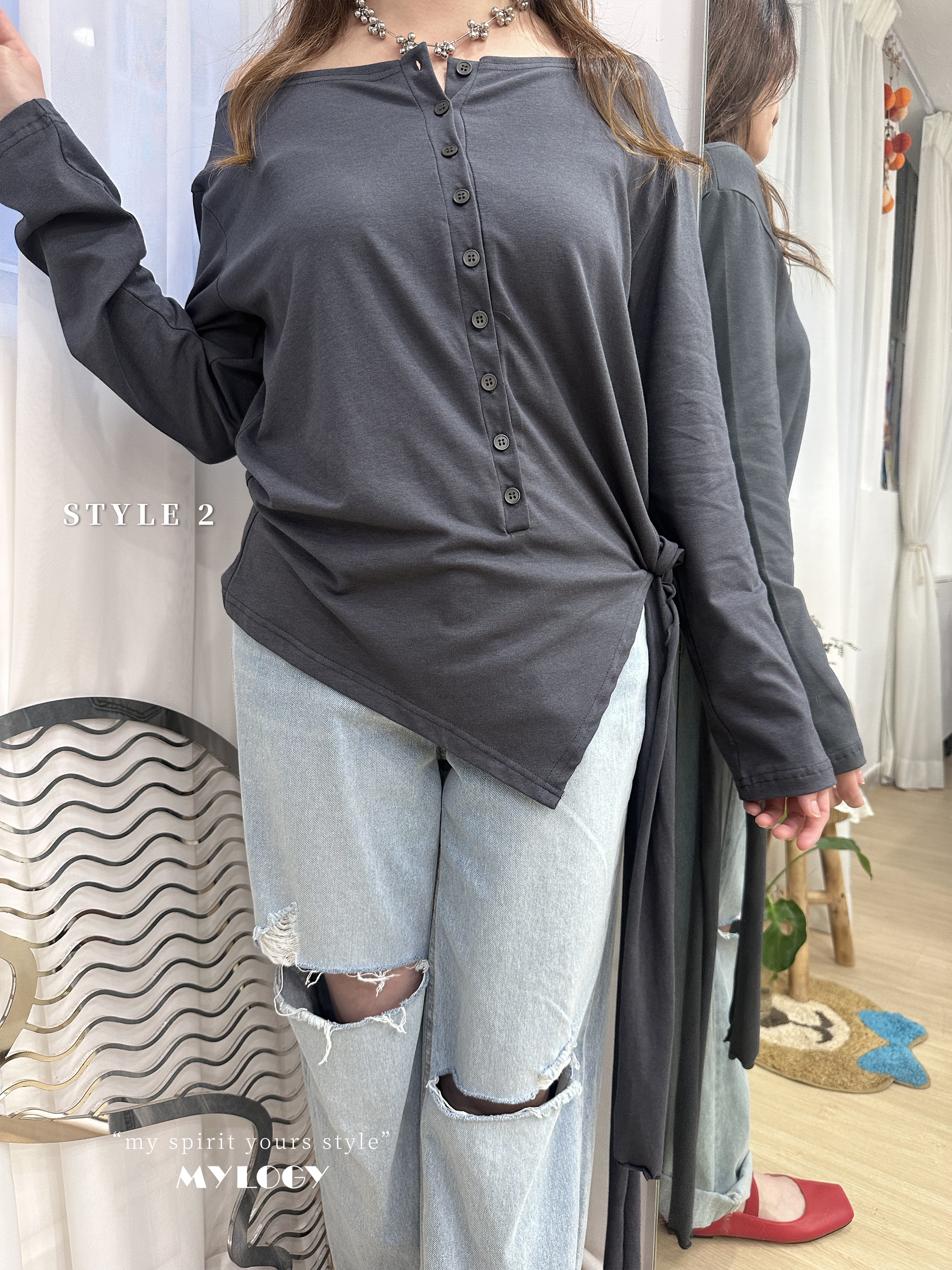韓系 L/S Off Shoulder 排扣不規則下擺 TEE JD0008 - 白色 Ivory