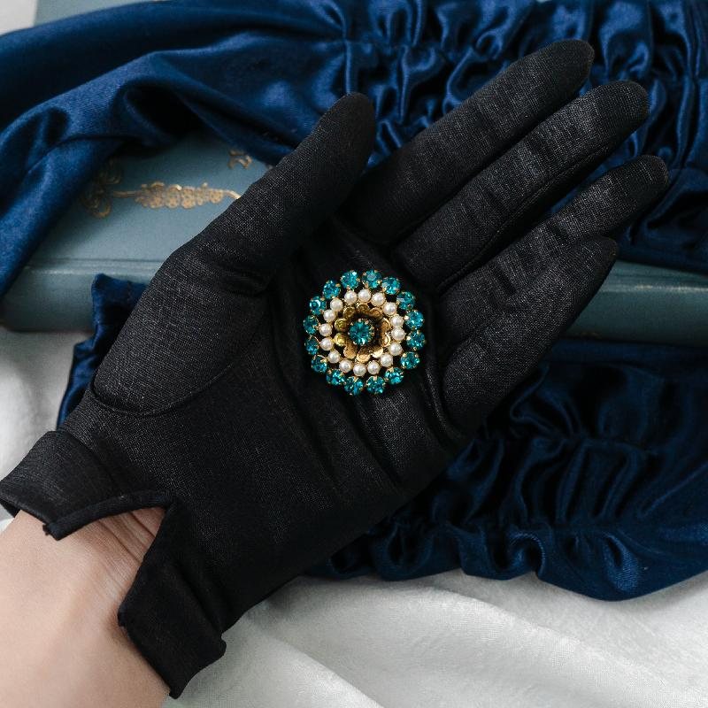 Vintage C.a. 1960s European Three Layered Aqua Blue Rhinestone and Faux Pearl Collar Brooch (MW052)