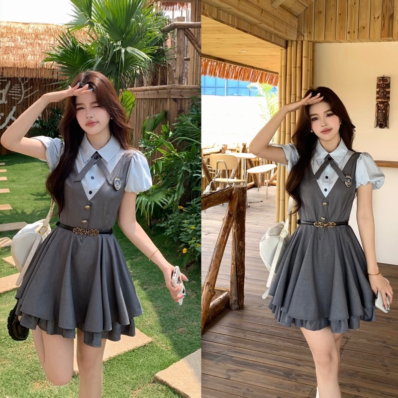 B206(8718) 韩系学院风假两件蓝拼灰下摆双层荷叶蓬蓬A字连身裙 