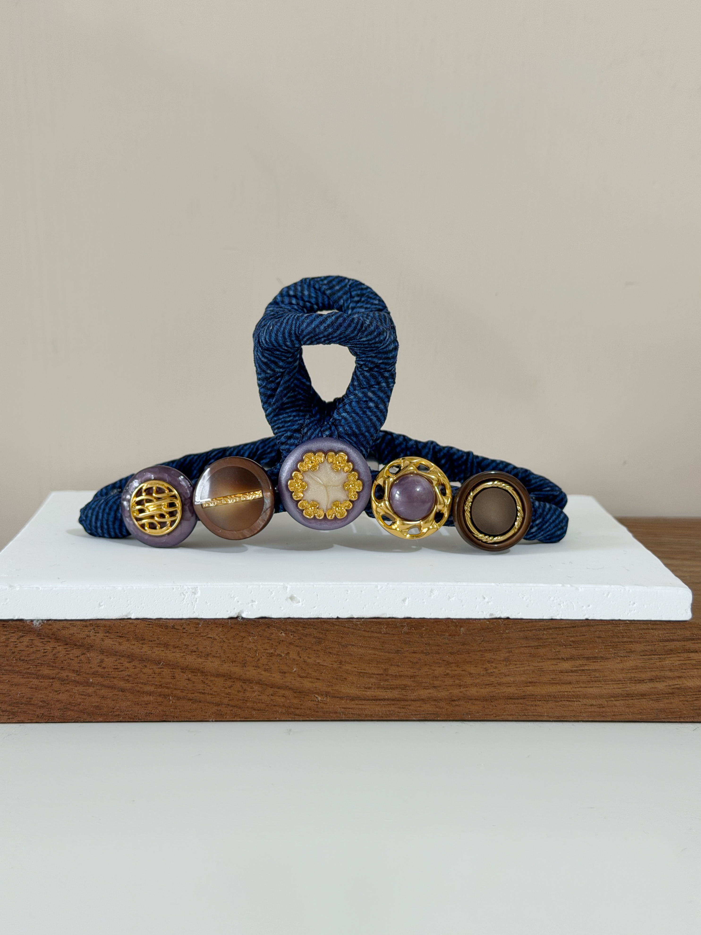 復古鈕扣髮夾/牛仔 11cm長