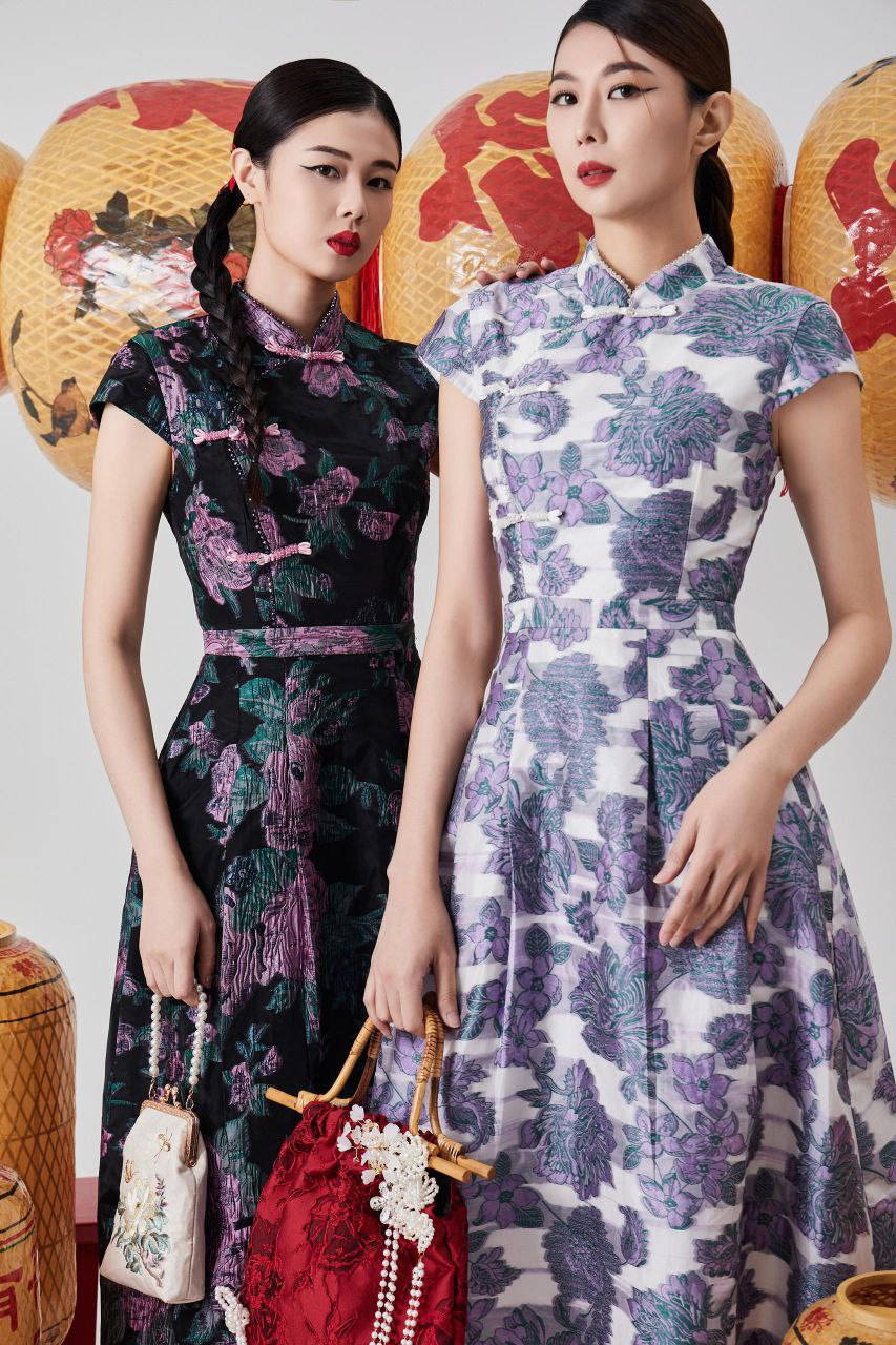 旗袍立领与斜襟盘扣连身裙 2118