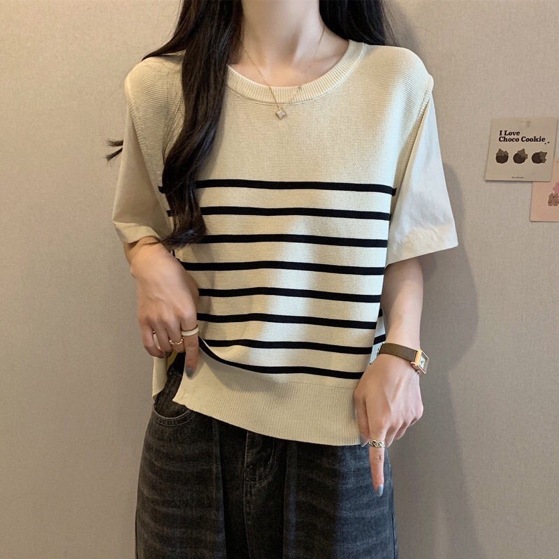  B359(876) 韩系减龄拼接杏短袖前部撞色横纹针织黑杏上衣