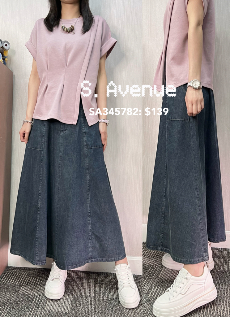 SA345782: 後橡筋腰前有鈕方袋A字牛仔裙