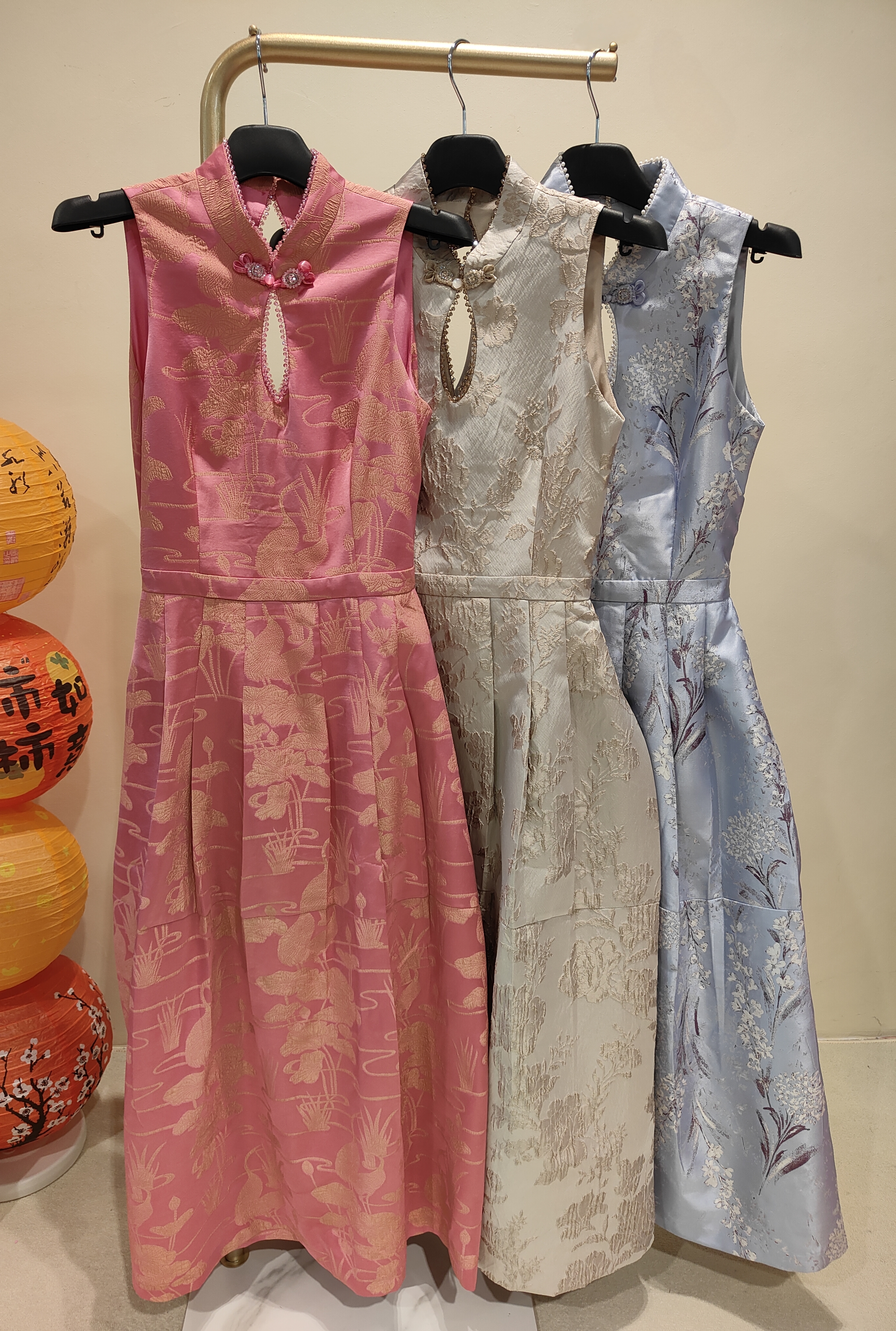 串珠露腰旗袍连身裙 2135 粉色/米色