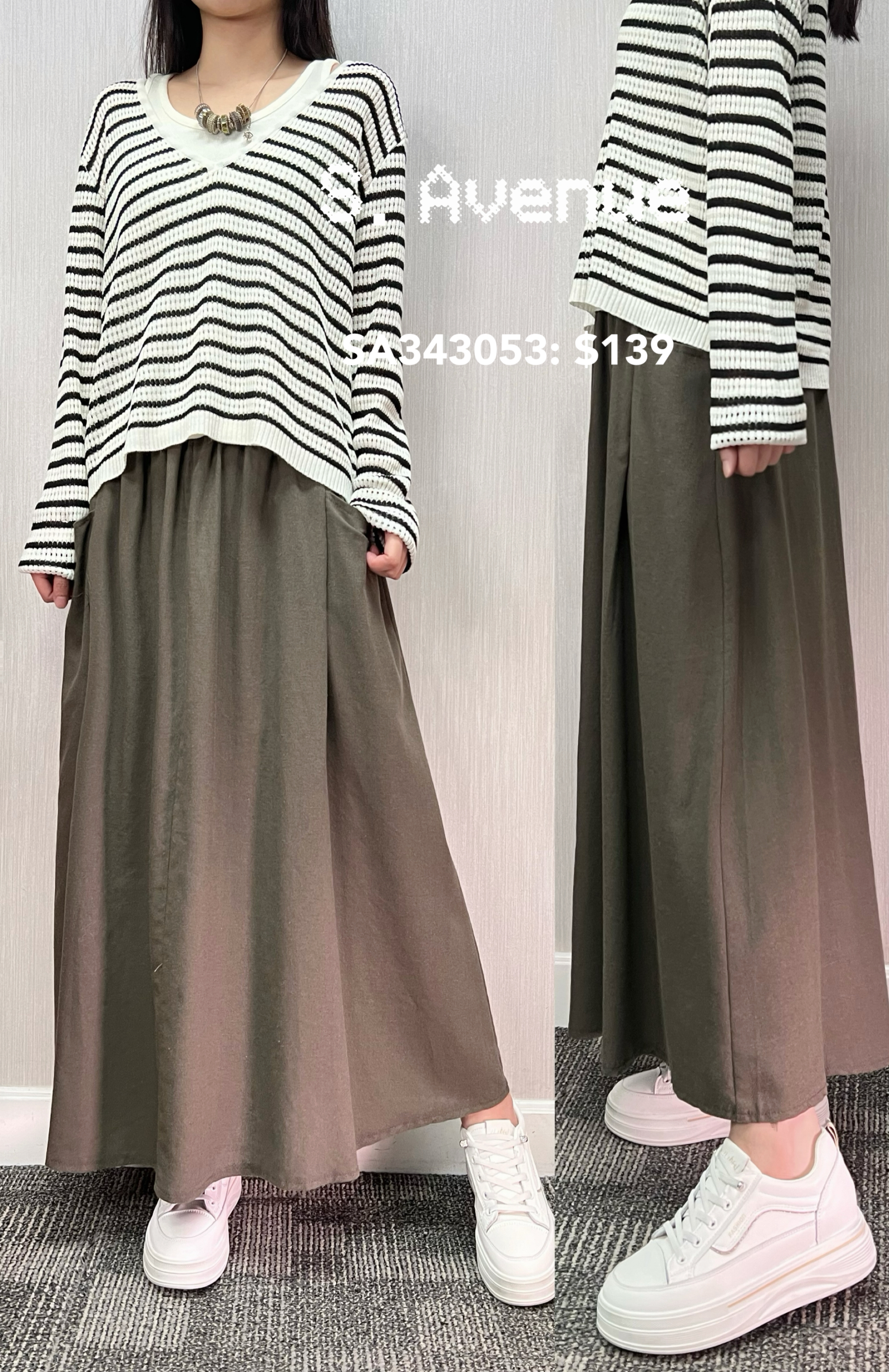 SA343053: 橡筋腰前有鈕雙袋A字裙