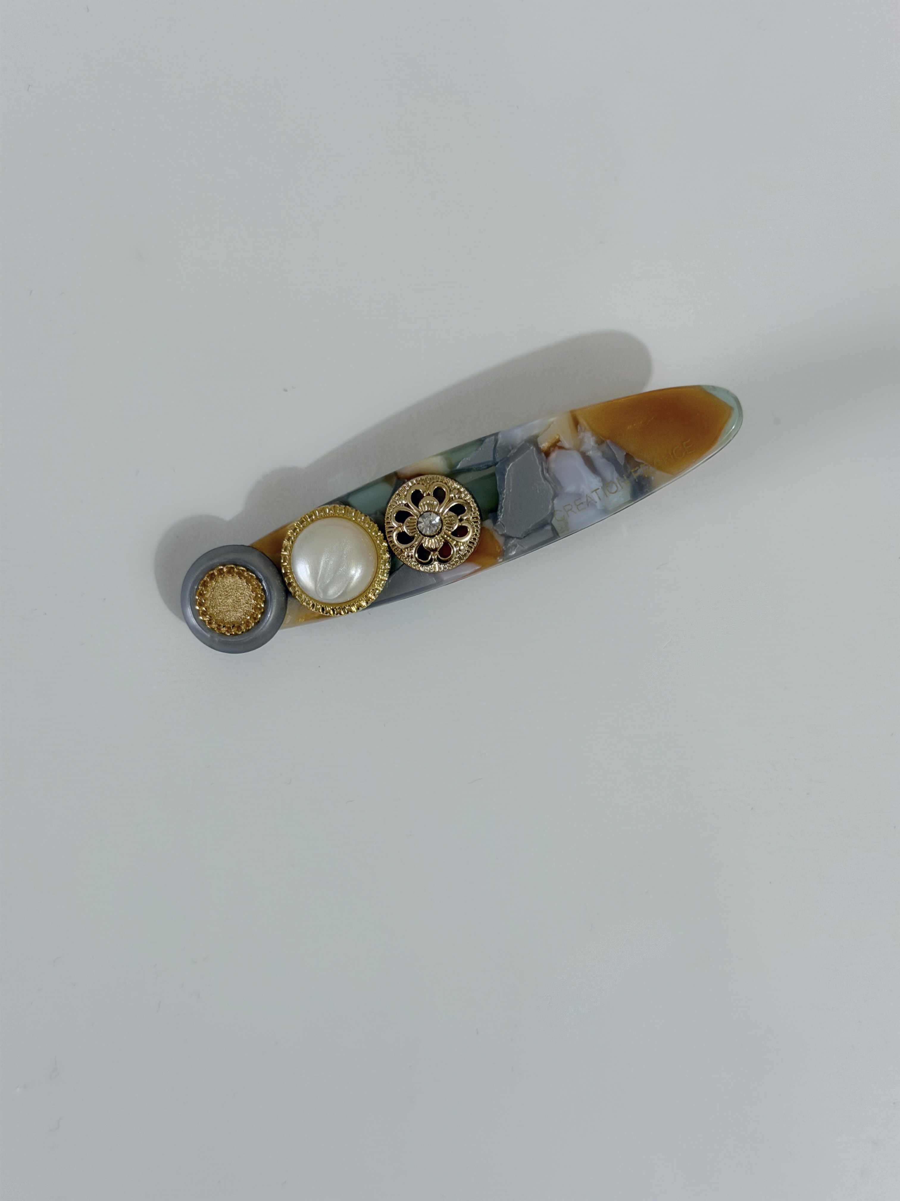 復古鈕扣髮夾/珍珠橙綠混色夾 6cm長