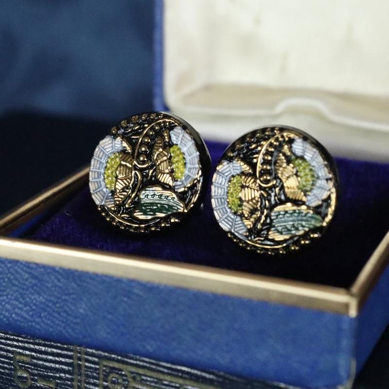 Antique Early 20th Century Czechoslovakian Embossed Floral Pattern Glass Button Remade into Clip Earrings(MY1620)
