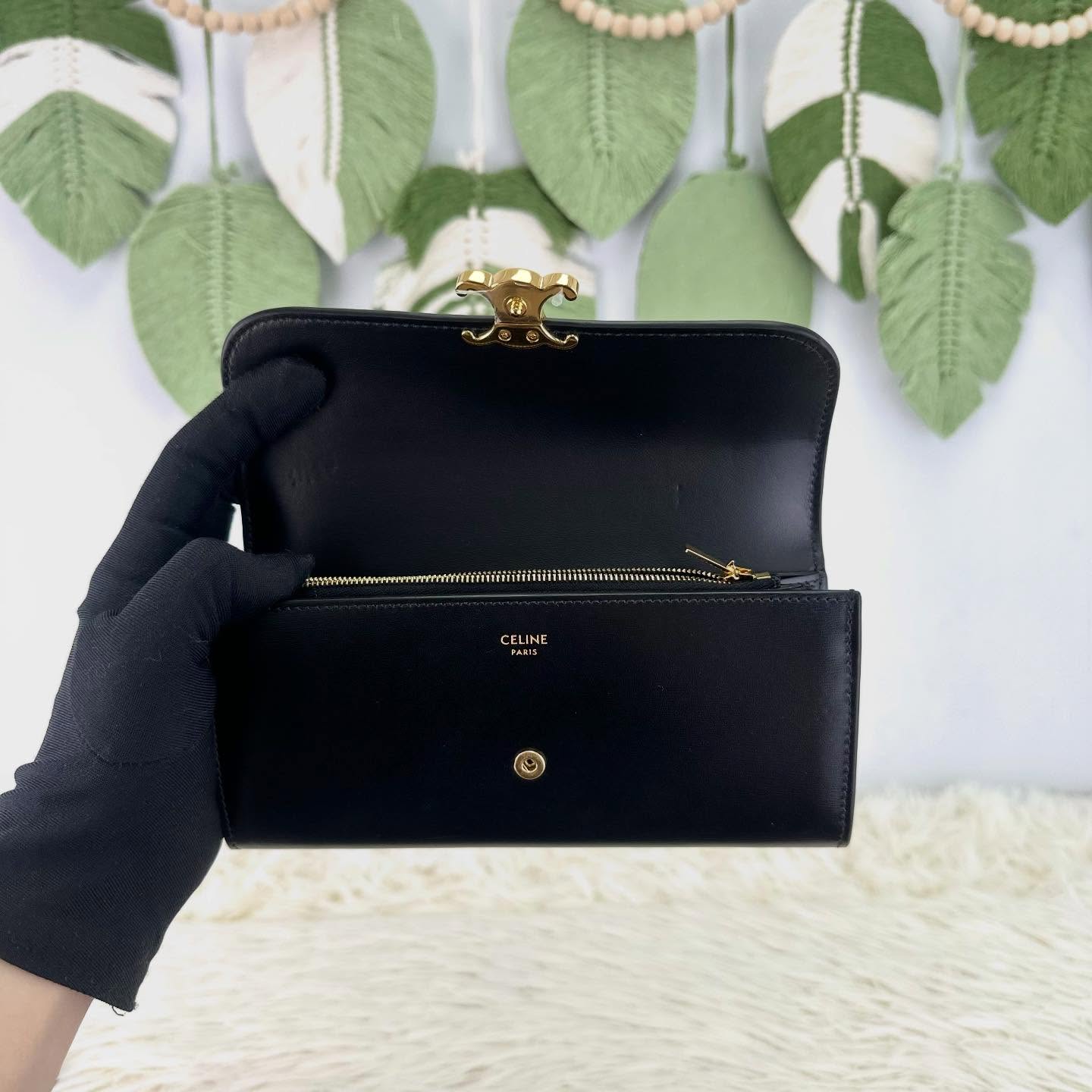 CELINE🤍PRE OWNED Triomphe 黑金牛皮長銀包 2024年全套有盒🖤