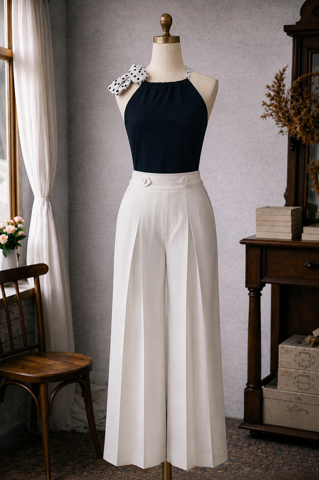 (Last L) 1930s Betty Nautical Sailor Wide Legged Pants - White (FM181-W)