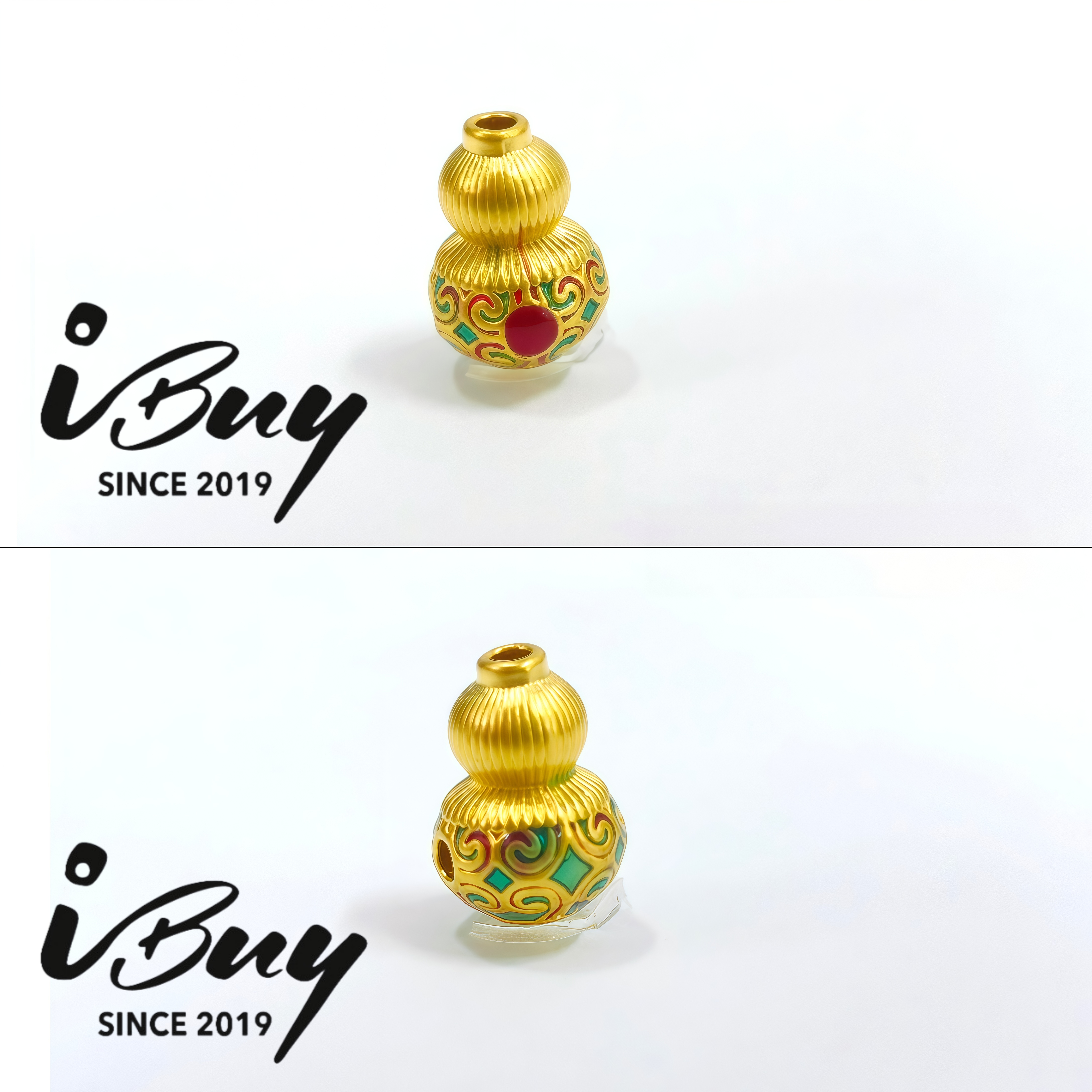999 GOLD ENAMEL CLOUD PATTERN GOURD THREE-WAY BEAD 999 金 祥云三通葫芦串咀