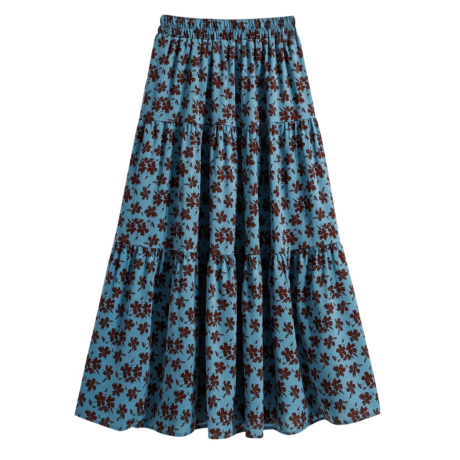 B201(5977) 法式复古松紧腰碎花拼接层层A字3色长裙