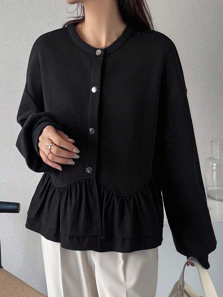 時尚荷葉邊鈕扣針織外套