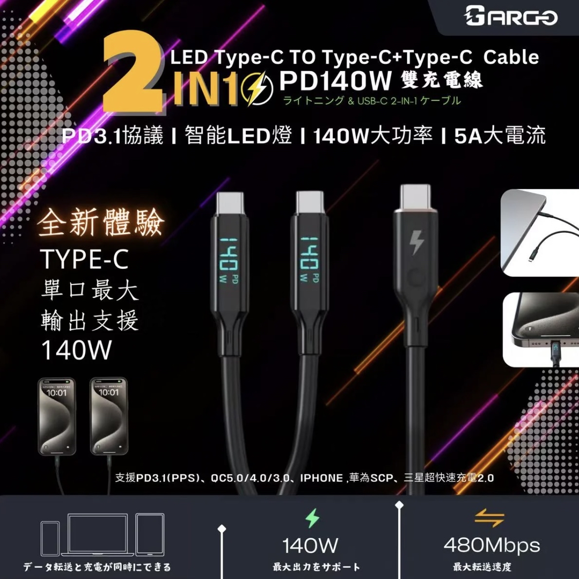 ARGO (CC140) C to C1+C2 140W 雙快充數顯數據線 （香港行貨）